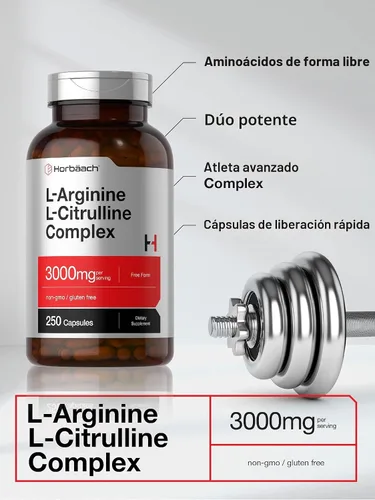 Vista 3 de Horbäach L-Arginina L-Citrulina Complejo 3000mg 250 Cápsulas Suplemento sin OMG, sin gluten Suplemento sin OMG, sin gluten