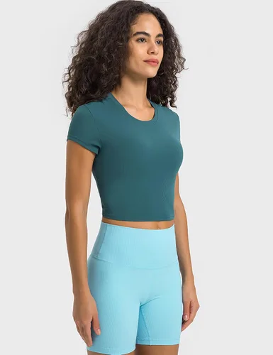 Vista 5 de ZHENWEI Camisetas de entrenamiento de manga corta para mujer, camisetas deportivas acanaladas con cuello redondo, camisetas atléticas para gimnasio