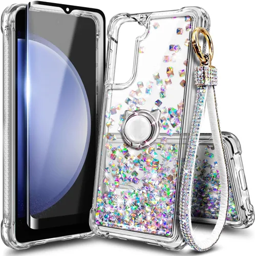 Vista 8 de Funda compatible con Samsung Galaxy S24-FE Aqua/Purple Funda líquida flotante con purpurina linda con protector de pantalla de vidrio templado