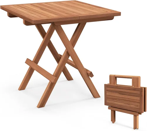Vista 12 de RELAX4LIFE Mesa auxiliar plegable para exteriores – Mesa auxiliar de madera de teca, mesa redonda de café bistró con mesa de listones, mesa