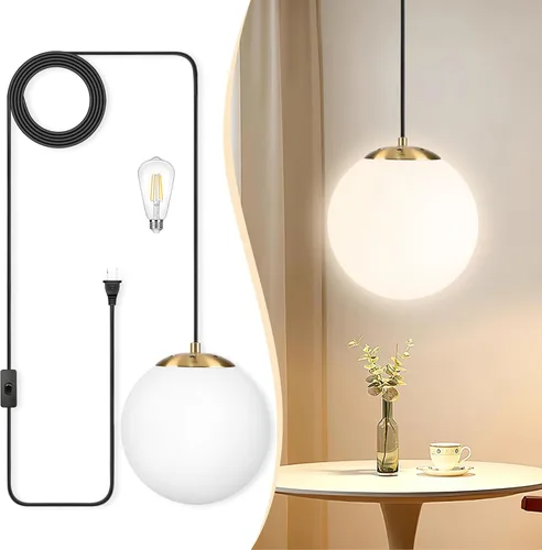 Vista 42 de KoKo&Yukina Luces colgantes modernas de globo de vidrio dorado de 6 pulgadas, paquete de 2 lámparas colgantes de vidrio transparente de mediados