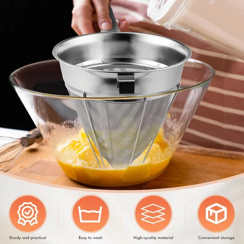 Vista 4 de Nuogo Juego de 2 coladores chinos de acero inoxidable de malla fina de metal para caldo de alimentos, colador de malla fina con mango y espátula