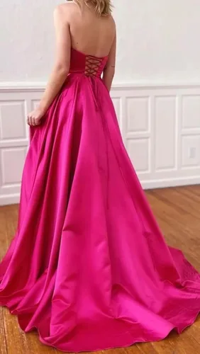 Vista 3 de SiLidressy Vestido de graduación sin tirantes espalda abierta vestido de fiesta con abertura alta vestidos de noche largos para mujer con bolsillos