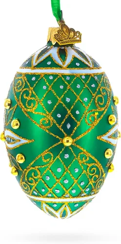 Vista 2 de Adorno de huevo de cristal verde con estrella blanca con joyas de 4 pulgadas