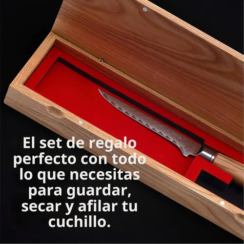 Vista 2 de Master Maison Cuchillo de filete de acero de Damasco de 6 pulgadas con mango de espiga completa, funda, piedra de afilar, caja de almacenamiento