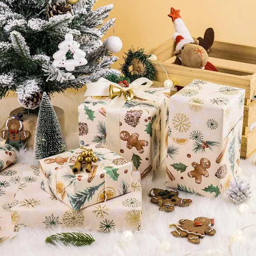 Vista 4 de RUSPEPA Reversible Christmas Wrapping Paper Roll, Mini Roll, Gingerbread Pinecone and Snowflake Design Gift Wrap for Christmas Presents, Winter