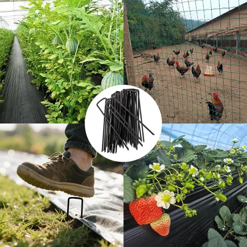 Vista 6 de Paquete de 30 grapas galvanizadas verdes de 4 pulgadas, calibre 11, en forma de U, antioxidantes, estacas de jardín para barrera de malezas, tubos