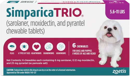 Vista 16 de Simparica Trio (sarolaner, moxidectina y tabletas masticables de pirantel) masticables para perros, 6 mg/tab, 5.6-11 libras, (púrpura), 1 tableta