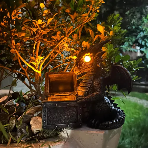 Vista 11 de Estatua de Dragón de Jardín con Energía Solar Figura Luminosa para Exteriores Decoración Linda que Sostiene Bola de Cristal Brillante Escultura
