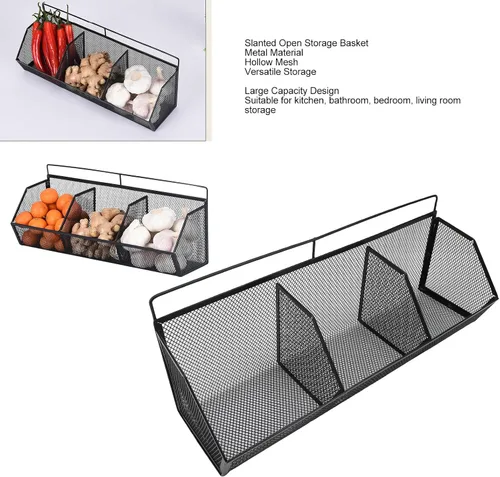 Vista 2 de Cesta de alambre de metal, 3 rejillas para colgar en la pared, organizador de almacenamiento de apertura inclinada para cocina, baño, lavandería
