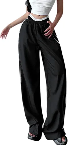 Vista 5 de KMBANGI Pantalones de paracaídas para mujer, holgados Y2k, pantalones deportivos con cintura elástica, rayas laterales, pantalones deportivos