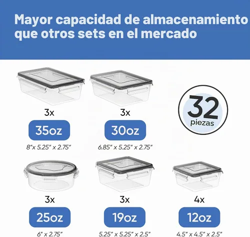 Vista 2 de Chef's Path Juego de 32 piezas de contenedores herméticos de almacenamiento de alimentos con tapas de fácil cierre, 16 contenedores y tapas