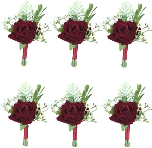 Vista 7 de 6 unids/lote Novio Boutonniere Hombre Mujer Novia Muñeca Ramillete Artificial Boda Flores Decoración Fiesta (marfil, Boutonniere)