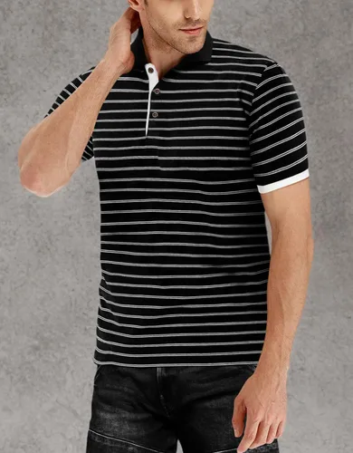 Vista 6 de MLANM Polo para hombre de manga cortalarga, informal, ajustado, diseño básico, a rayas, de algodón