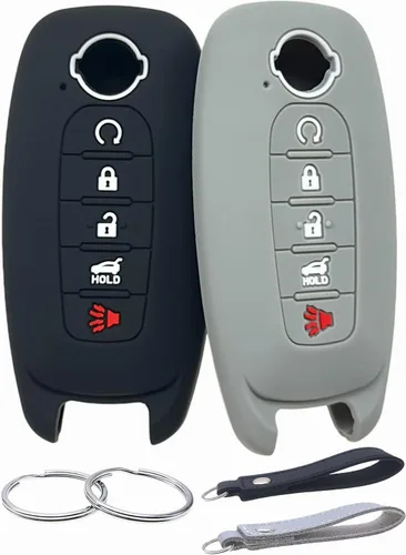Vista 8 de REPROTECTING Funda de goma de silicona para llavero compatible con Nissan Pathfinder Rogue Kicks (5 botones, negro/rosa)