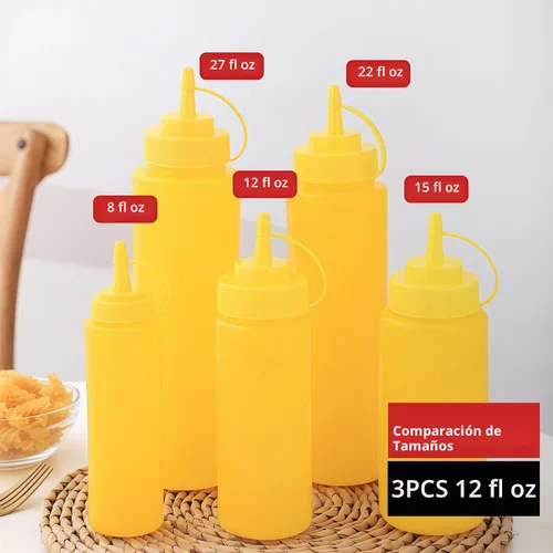 Vista 5 de 3 botellas de plástico rellenables para condimentos de salsa exprimible vacía de 12 onzas, contenedor de almacenamiento de aderezos de ensalada