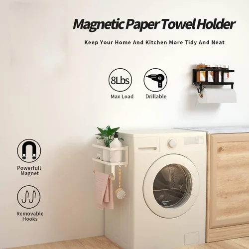Vista 3 de Soporte magnético para toallas de papel para refrigerador, estante magnético para especias, estante magnético para estufa, toallero de montaje