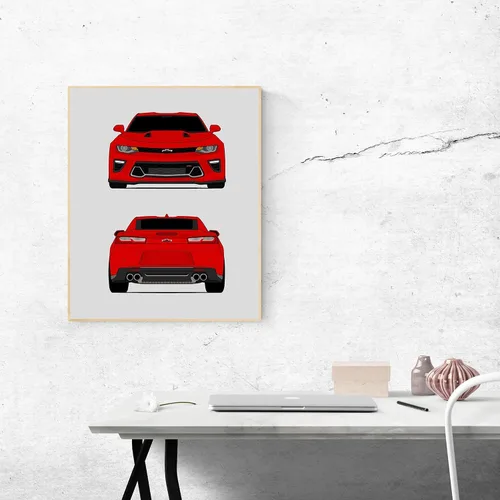Vista 9 de Custom Car Posters Handmade Poster compatible with Chevy Camaro SS (2016-2018) 6th Generation (Front and Rear) Print Wall Art Décor - 8x10 Metallic