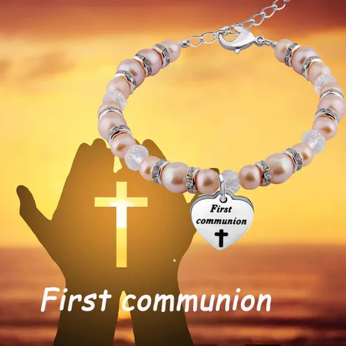 Vista 3 de Zuo Bao Regalo de primera comunión para niñas, pulsera de la primera comunión, pulsera de perlas con cruz para la primera comunión, joyería