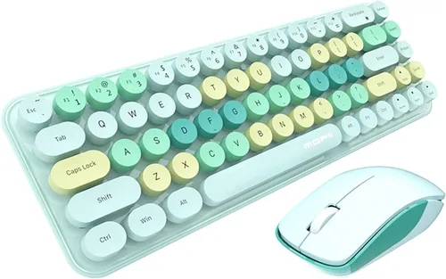 Vista 8 de Combo compacto de teclado y mouse inalámbricos, teclas redondas coloridas, 68 teclas sin sonido, adecuado para niñas y niños, compatible