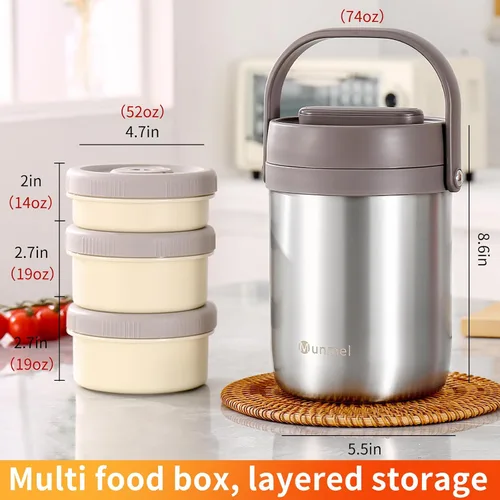 Vista 5 de Lonchera para adultos con vacío, termo para sopa con insertos, lonchera bento apilable, contenedor de almacenamiento, boca ancha, de acero