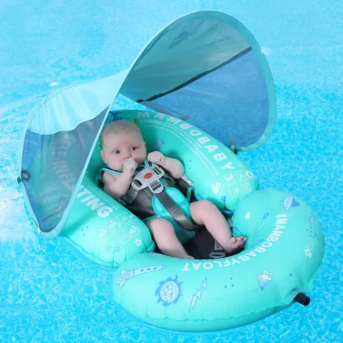 Vista 5 de Flotador Mambobaby para bebé de piscina con toldo y cola Flotador portátil para bebé autoinflable, plegable, flotador de natación, cama flotante