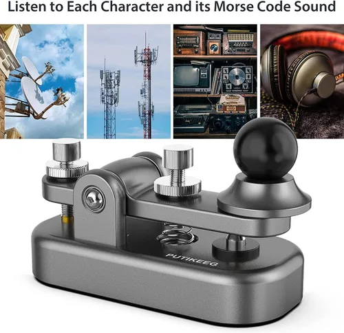 Vista 3 de Mini Morse Radio Key CW HAM Enviar Telegram Doble Paleta Morse Código Llave con Base de Cuerpo de Aleación de Aluminio Gris (S)