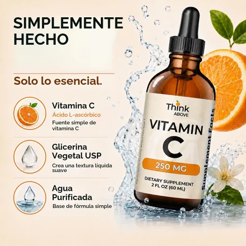 Vista 7 de Think Above Gotas líquidas de vitamina C, 250 mg por porción, vitamina C como ácido L-ascórbico, suplemento líquido de vitamina C para adultos, 30