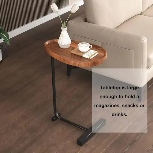 Vista 5 de Mesa auxiliar marrón en forma de C para sofá, mesa auxiliar única de Martini, mesa de bebida para sofá de cama, mesa de MDF resistente y patas