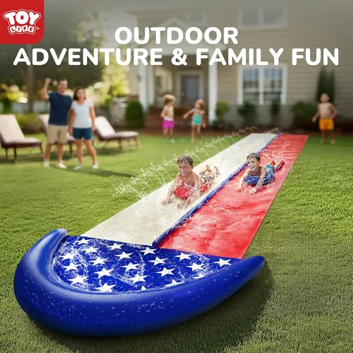 Vista 7 de TOY Life Toboganes acuáticos gigantes de bandera estadounidense para niños, tobogán acuático de 20 pies, patio trasero con 2 tablas de bodyboard, 2