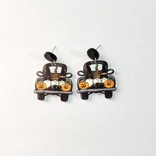 Vista 3 de 3 pares de aretes colgantes retro de Halloween, fantasma, calabaza, hoja de arce, pavo, aretes colgantes de madera, lindos y divertidos, ligeros