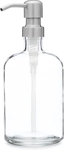 Vista 6 de Rail19 Dispensador de jabón de vidrio reciclado transparente con bomba de metal, loción, jabón líquido y aceite esencial para cocina y baño, 13.5