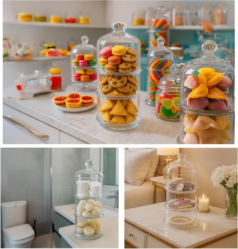 Vista 4 de Ums Tarros de vidrio de 3 niveles con tapa, tarro de galletas, tarros de dulces para bufé de dulces, tarros de boticario, organizadores de cocina