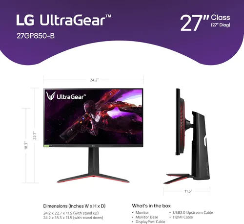 Vista 2 de LG Monitor de juegos Ultragear 27GP850-B de 27 pulgadas QHD (2560 x 1440) Pantalla Nano IPS 1 ms Tiempo de respuesta 165Hz Frecuencia