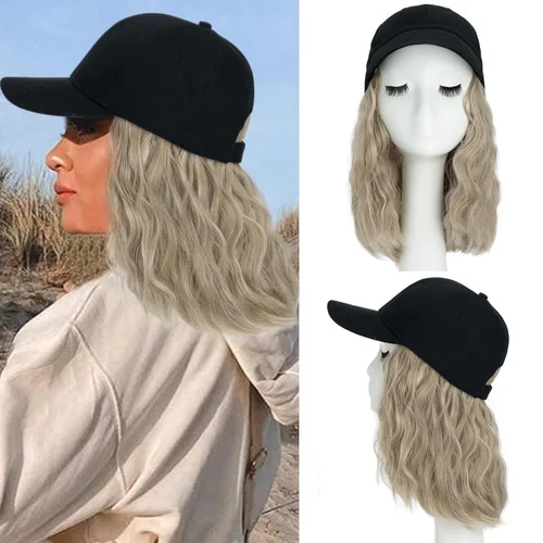 Vista 8 de S-noilite Peluca de gorra de béisbol con extensiones de cabello, 8 pulgadas, corta, rizada, ondulada, estilo Bob, peinado, ajustable, con cabello