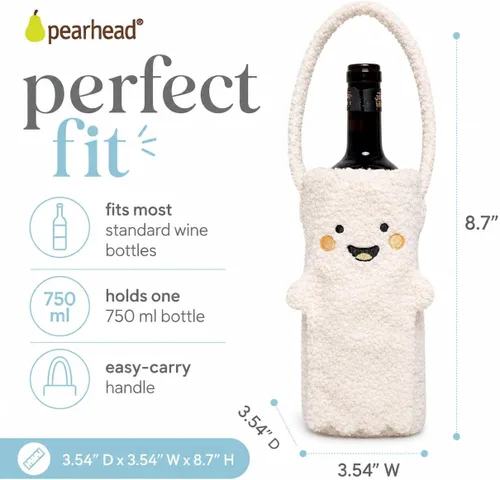 Vista 5 de Pearhead Soporte para botella de vino fantasma de Halloween, bolsa de regalo reutilizable de sherpa de felpa con cara sonriente y asa - Lindo regalo
