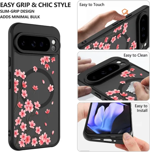 Vista 4 de ZIYE Funda magnética para Google Pixel 9 Pro XL de 6.8 pulgadas [compatible con MagSafe] funda de policarbonato duro y TPU suave con flor de cerezo