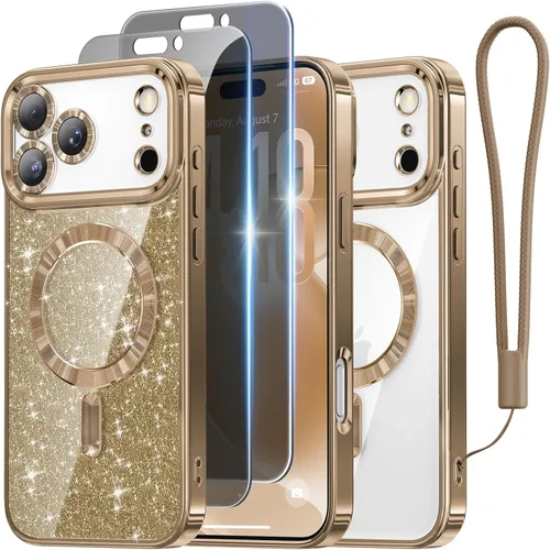 Vista 73 de Meifigno - Funda diseñada para el iPhone 16 Pro de 6.3", [Tarjeta de purpurina y correa para la muñeca] [Compatible con MagSafe]