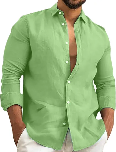 Vista 12 de Camisa de algodón y lino para hombre, manga larga, cuello liso, con botones, camiseta casual para playa y verano AG