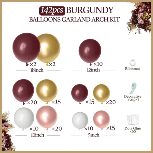 Vista 2 de Kit de guirnalda de arco de globos burdeos de 142 piezas con globos metálicos de oro rosa, granate y oro para decoraciones de cumpleaños, baby