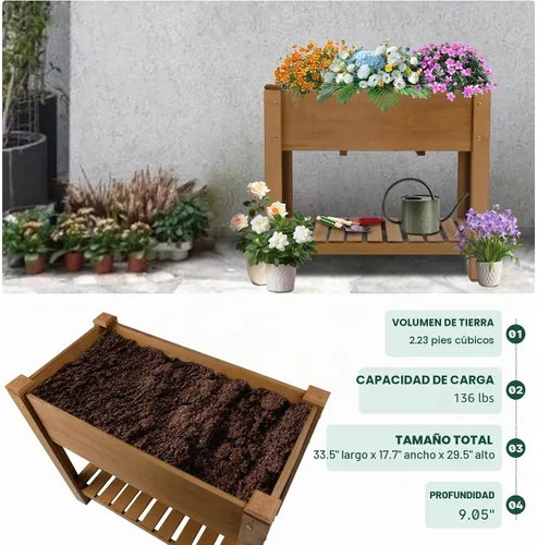 Vista 2 de Cama de jardín elevada para exteriores, jardineras de madera con patas forro protector y agujeros de drenaje, macizos de flores elevados para jardín