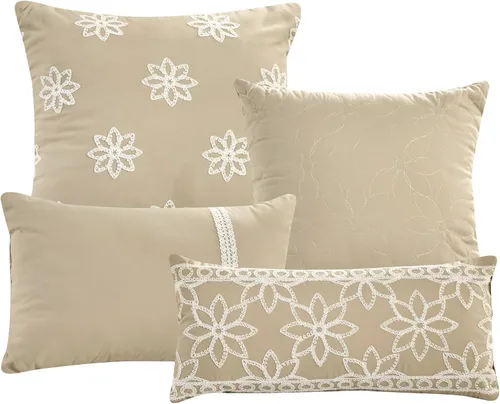 Vista 3 de ESCA Juego de edredón Hypatia beige de 7 piezas, tamaño Queen, bordado, estilo bohemio, ropa de cama floral