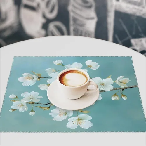 Vista 7 de Cherry Flower Branch Placemats Set of 6 Resistant Table Mats Washable Place Mats for Dinner Party Table Decoration