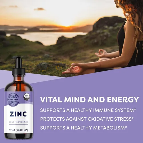 Vista 2 de VIMERGY Suplementos orgánicos de zinc USDA para mujeres y hombres (7.5 mg de zinc líquido por porción), apoyo inmunológico de absorción rápida