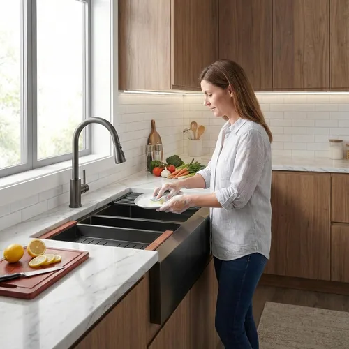 Vista 7 de LQS Fregadero de cocina de doble tazón para muchas ollas y sartenes, fregaderos de cocina de acero inoxidable para montaje bajo y caída