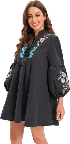 Vista 6 de Aox Women Retro Lanter Sleeve Floral Embroidered Boho A line Loose Short Shift Swing Dress