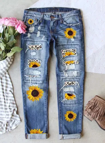 Vista 2 de Astylish - Jeans ajustados de mezclilla para mujer, desgastados, elásticos, con parches a cuadros, rasgados, con agujeros, estilo masculino