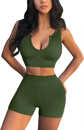 Vista 4 de QINSEN Conjuntos de entrenamiento sin costuras para mujer, brasier deportivo acanalado de cintura alta, pantalones cortos para correr, gimnasio