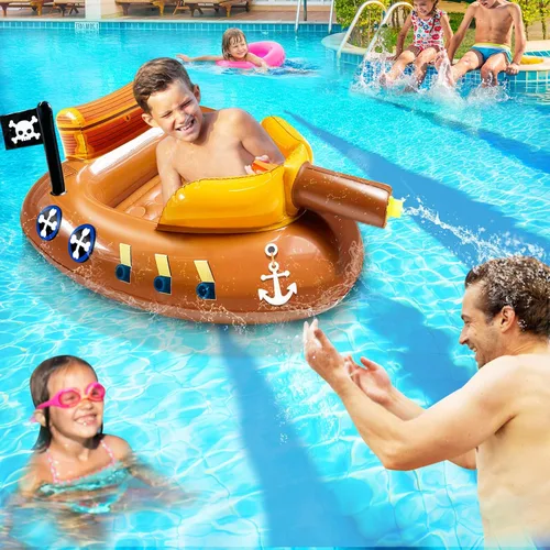 Vista 6 de Flotadores inflables de piscina de barco pirata para niños de 3 a 11 años con cañón de agua, juguetes de piscina, flotadores de fiesta para niños
