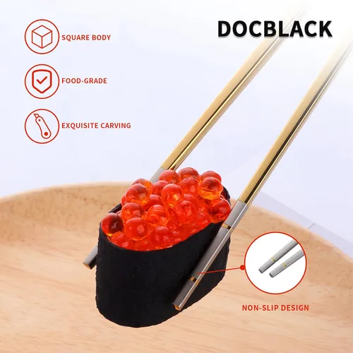 Vista 3 de DOCBLACK Palillos de acero inoxidable con soporte para palillos, estante de secado de utensilios, 5 pares de palillos reutilizables aptos
